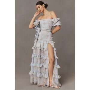 V. Chapman Elsie Ruffled Maxi Dress Blouson Sleeves Victorian Blue Roses 8 NWT